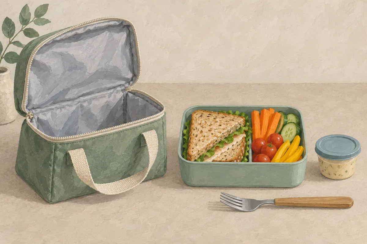 Ilustracja lunchu w pojemnikach wielokrotnego użytku obok niewielkiej torby.
