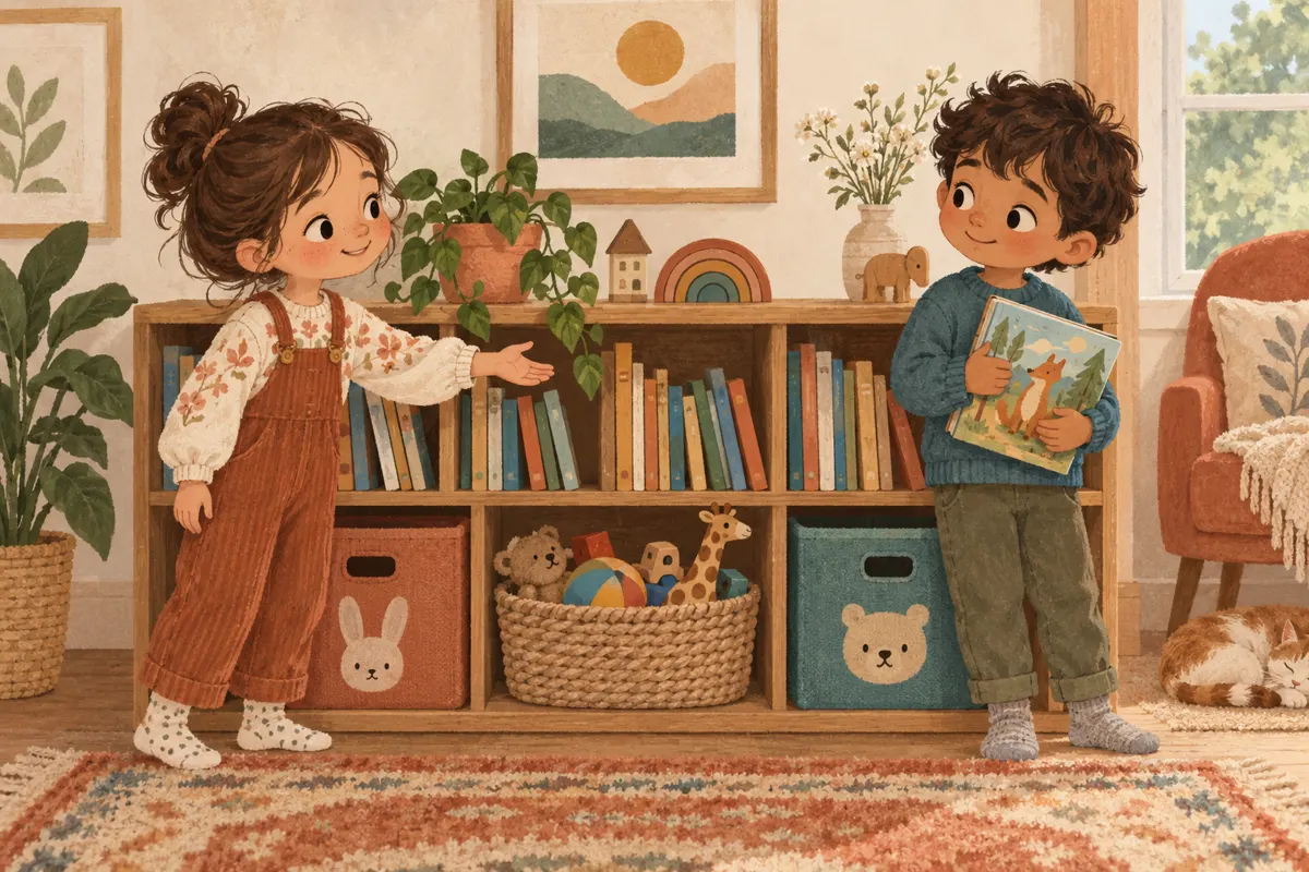 Ilustracja rodzeństwa rozmawiającego o pożyczeniu książki obok półki z rzeczami osobistymi i wspólnymi.