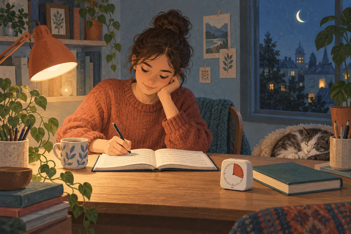 Ilustracja osoby uczącej się wieczorem przy biurku z zeszytem i timerem.